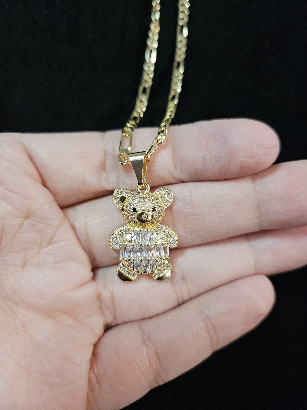 Gold Plated Teddy Bear Pendant Necklace - Sparkling Crystal Accent